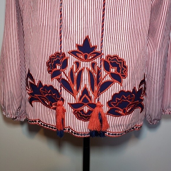 Solitaire Striped Embroidered Long Sleeve Bohemian Lightweight Blouse Size M - Picture 3 of 8